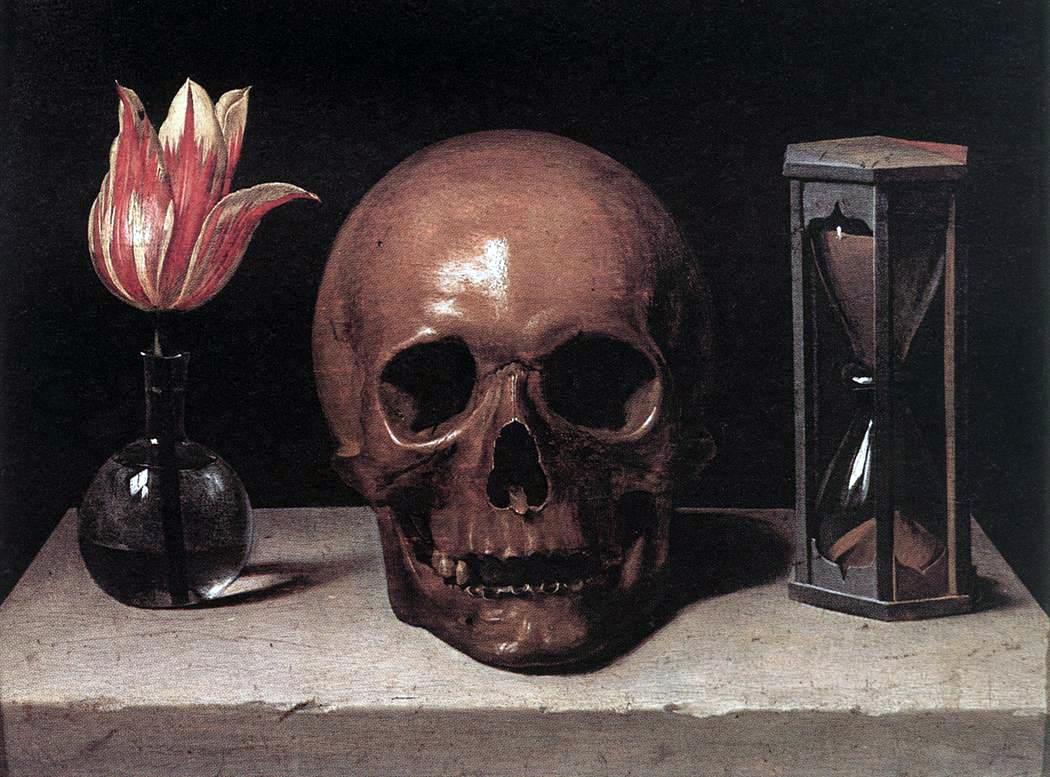 A 17th-century vanitas painting by Philippe de Champaigne. Three objects on a stone ledge: a tulip in a glass vase, a human skull, and an hourglass. The painting is the canonical visual summary of memento mori — life, death, and time.