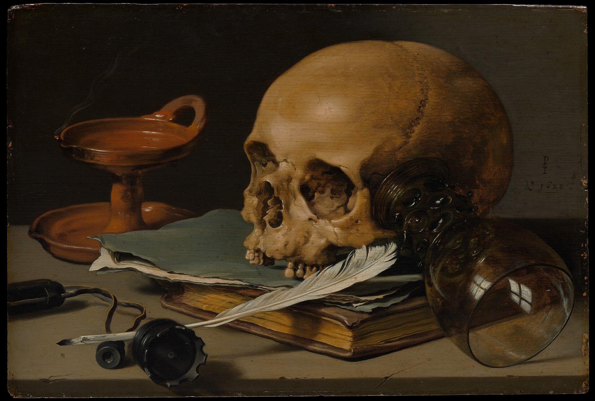 Pieter Claesz, Still Life with a Skull and a Writing Quill, 1628.